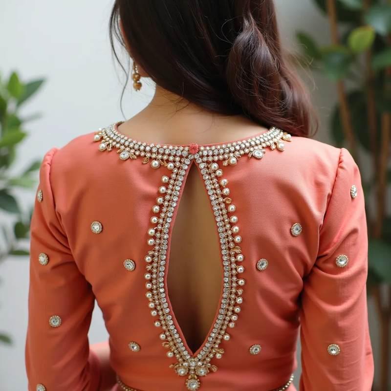 traditional blouse back neck designs images 2025 12 Deep U-Shape: Pearl and Zari work in deep U-shaped cutting at the back.